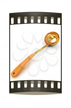 Gold soup ladle on white background. The film strip
