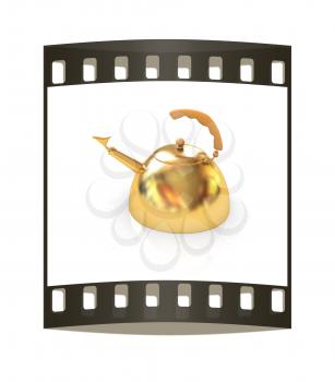 Glossy golden kettle on a white background. The film strip