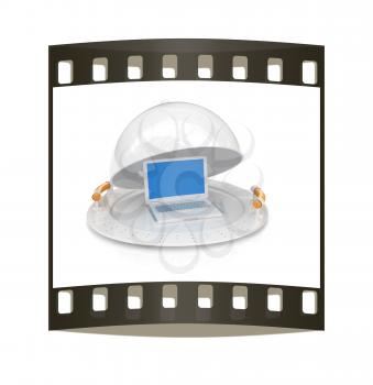 Restaurant cloche and laptop with open lid on a white background. The film strip