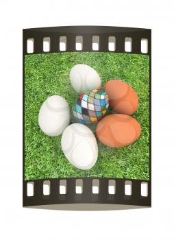 Eggs and easter eggs and grass. The film strip
