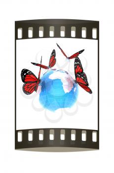 Red butterfly on a abstract blue earth on a white background. The film strip