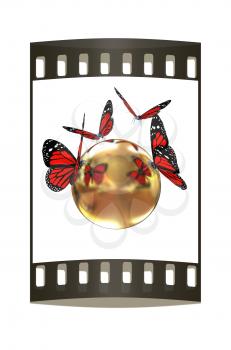 Red butterfly on a abstract 3d gold sphere on a white background. The film strip