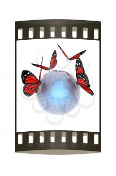 Red butterfly on abstract 3d sphere with blue mosaic design on a white background. The film strip