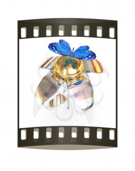 Blue butterflys on a chrome flower with a gold head on a white background. The film strip