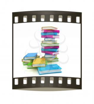 Colorful real books on white background. The film strip
