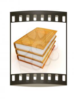 The stack of books on a white background. The film strip