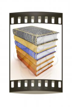 The stack of books on a white background. The film strip