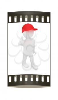 3d man in a red peaked cap with thumb up on a white background. The film strip
