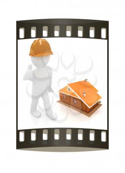 3d architect in a hard hat with thumb up with real plans. 3d image. Isolated white background. The film strip