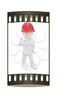 3d man in a hard hat with thumb up on a white background. The film strip