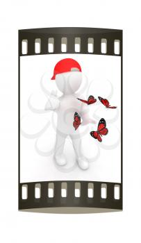 3d man in a red peaked cap with thumb up and butterflies on a white background. The film strip