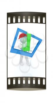 3d man in a red peaked cap with thumb up and a huge tick on a white background. The film strip