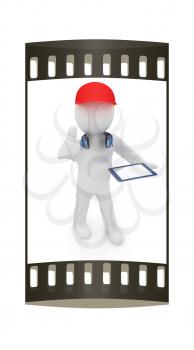 3d white man in a red peaked cap with thumb up, tablet pc and headphones on a white background. The film strip