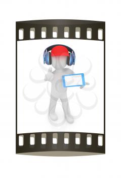 3d white man in a red peaked cap with thumb up, tablet pc and headphones on a white background. The film strip