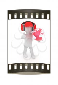 3d white man in a red peaked cap with thumb up, tablet pc and headphones. Global concept with blue earth. The film strip