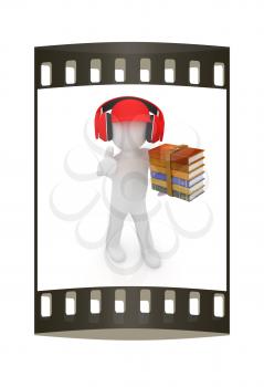 3d white man in a red peaked cap with thumb up, books and headphones on a white background. The film strip