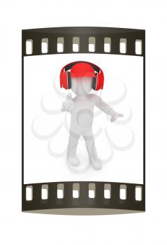 3d white man in a red peaked cap with thumb up and headphones on a white background. The film strip