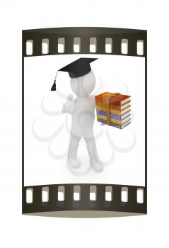 3d white man in a red peaked cap with thumb up and useful books - best gift a student on a white background. The film strip
