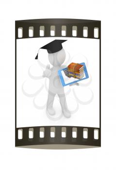 3d white man in a grad hat with thumb up,books and tablet pc - best gift a student on a white background. The film strip