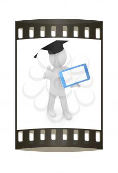 3d white man in a grad hat with thumb up and tablet pc - best gift a student on a white background. The film strip