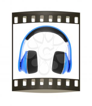 3d illustration of blue headphones on white background. This is the best detail renderer. The film strip