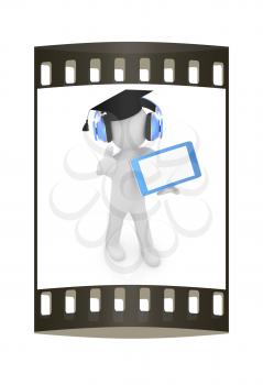 3d white man in a grad hat with thumb up, headphone and tablet pc - best gift a student on a white background. The film strip