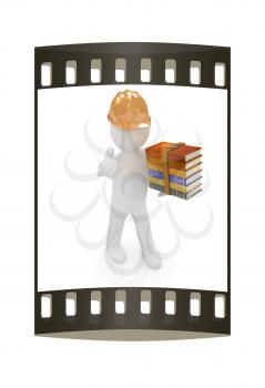 3d man in a hard hat with thumb up presents the best technical literature on a white background. The film strip