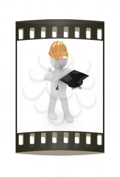 3d man in a hard hat with thumb up presents the best technical education on a white background. The film strip