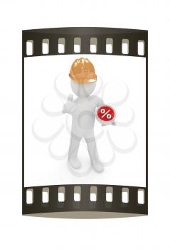 3d man in a hard hat with thumb up presents best percent on a white background. The film strip