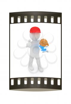 Manager with thumb up presents concept: My company is building worldwide on a white background. The film strip