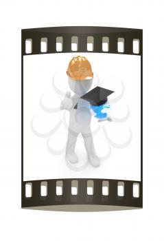 3d man in a hard hat with thumb up presents the best global technical education on a white background. The film strip