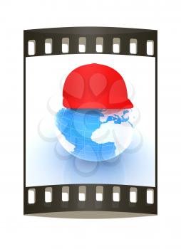 Earth in a red peaked cap. 3d icon. Concept: Summer Holidays and travel on a white background. The film strip