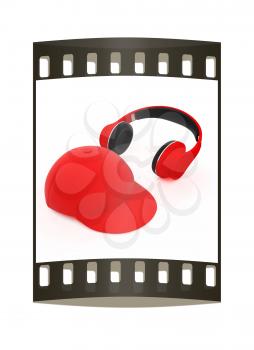 cap and headphones on a white background. The film strip