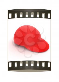 Red peaked cap on white background. The film strip