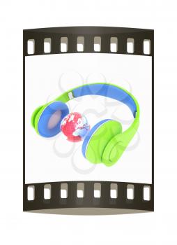 3d icon of colorful headphones and earth isolated on white background. The film strip