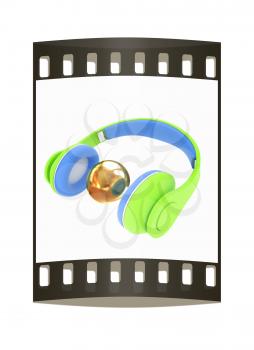 3d icon of colorful headphones and gold ball isolated on white background. The film strip