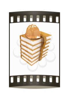 Stack of leather technical book with belt and hard hat on white background. The film strip