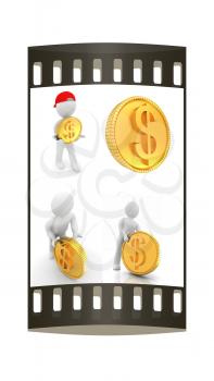 Set of 3d small man with gold dollar coin  on a white background. The film strip