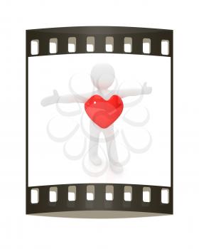 3d small man with a heart. 3d image. Isolated white background. The film strip