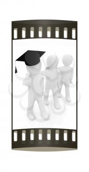 3d man in a graduation Cap with thumb up and 3d mans stand arms around each other on a white background. The film strip