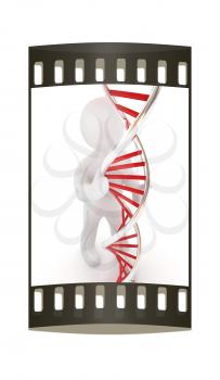 3d men with DNA structure model on a white background. The film strip