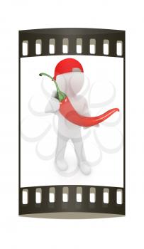 3d man with chili pepper on a white background. The film strip
