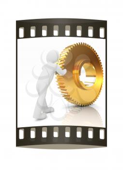 Gold gear set with 3d man on a white background. The film strip