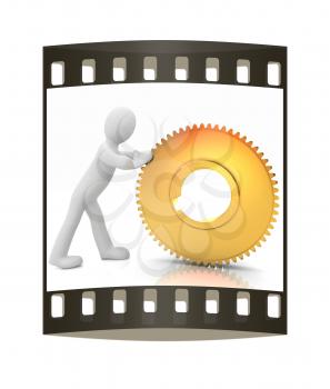 Gold gear set with 3d man on a white background. The film strip
