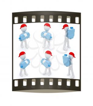 Set of 3d man carrying a water bottle with clean blue water on a white background. The film strip