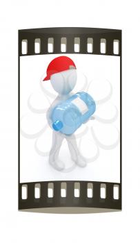 3d man carrying a water bottle with clean blue water on a white background. The film strip