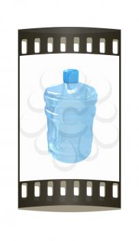 Bottle with clean blue water on a white background. The film strip