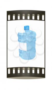 Bottle with clean blue water on a white background. The film strip