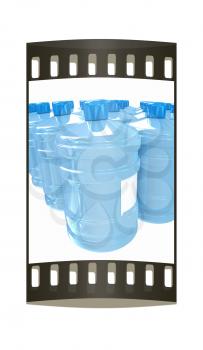 Bottles with clean blue water on a white background. The film strip