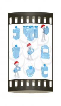 Set of 3d man carrying a water bottle with clean blue water on a white background. The film strip